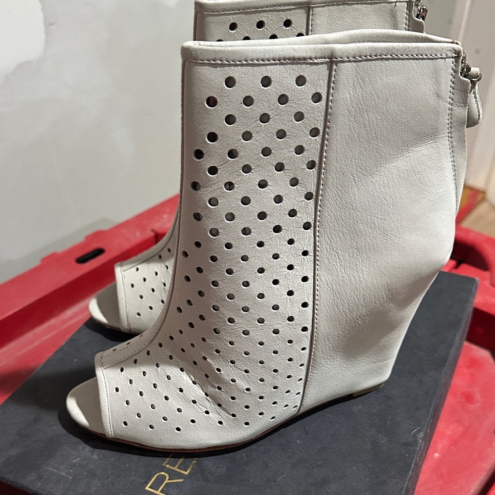 Rebecca Minkoff White Perforated Peep-Toe Wedge Booties
